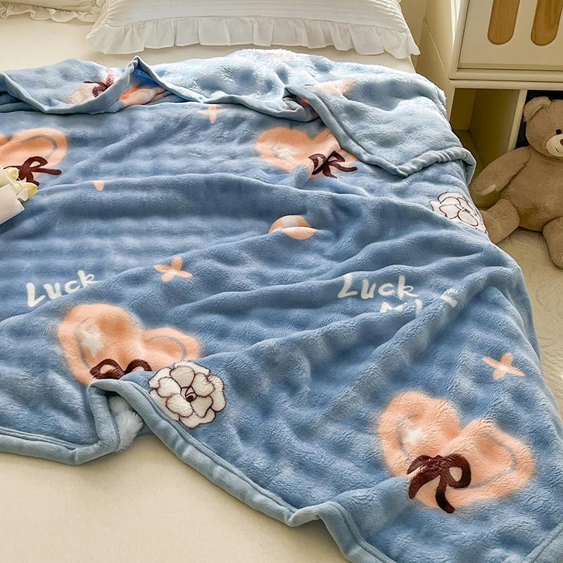 Cartoon Pink Love Print Milk Velvet Throw Blanket Super Soft Warm Plush Blue Blanket Travel Multifunctional Decorative Blankets