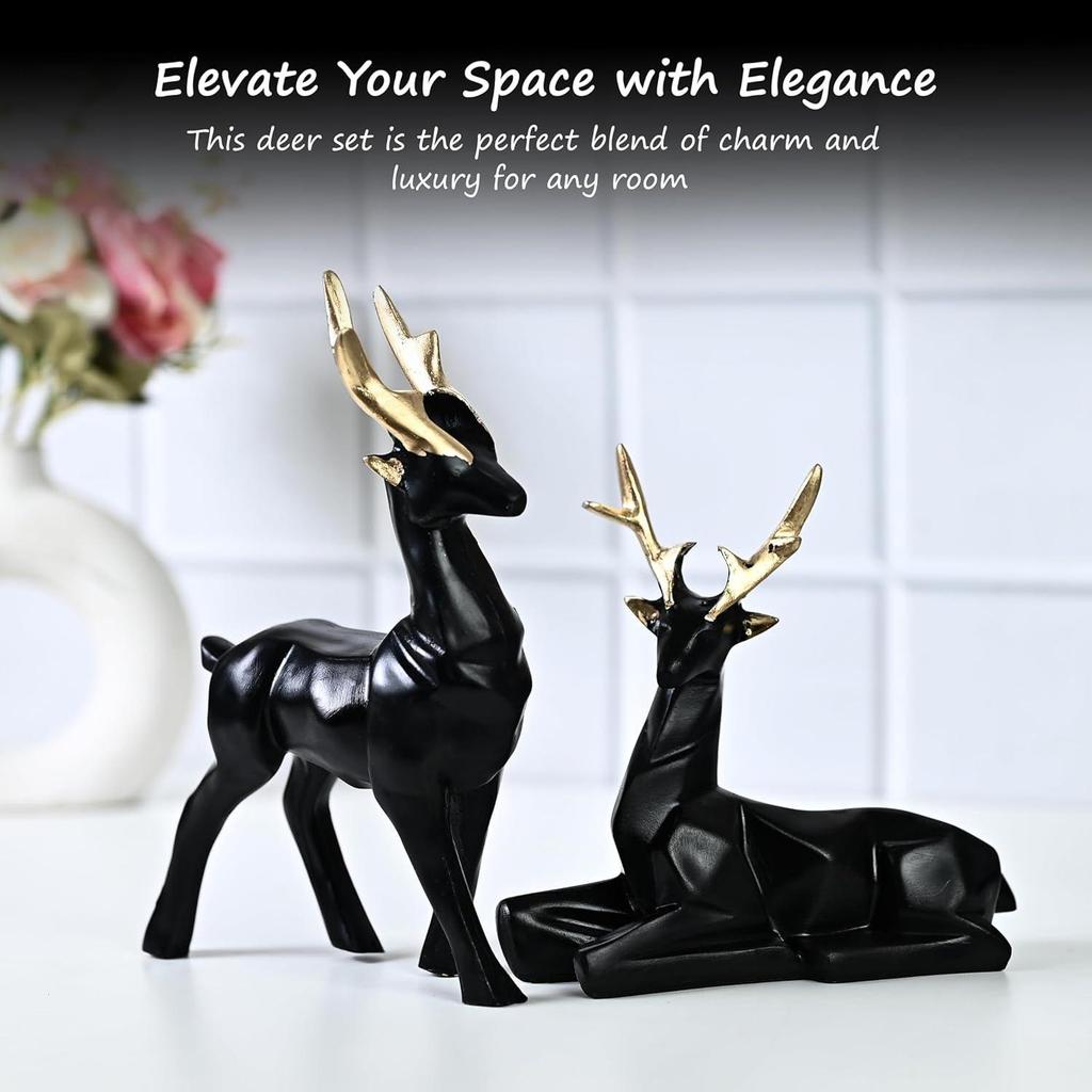 Zestaw 2 Eleganckich Jeleni | Ręcznie Robione Statuetki Hirana do Dekoracji Domu i Biura, Zainspirowane Naturą, Idealne na Prezent dla Miłośników Przyrody i Przyjaciół (czarny)