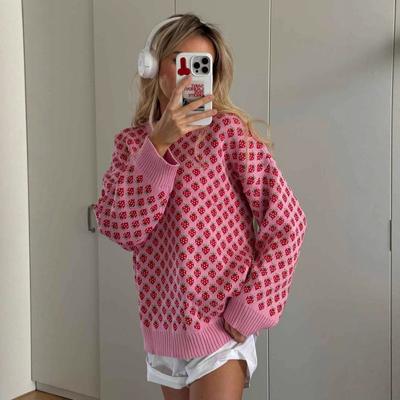 Strawberry Jacquard Knit Sweater Women Loose Fit Round Neck Long Sleeve Fall Winter Casual Top