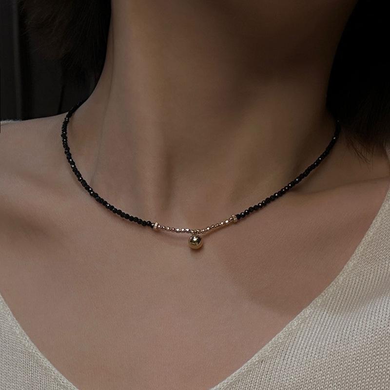 Black Beaded Choker Necklace with Gold Bell Pendant – Minimalist Dainty Jewelry for Women, Elegant Daily Gift Necklace