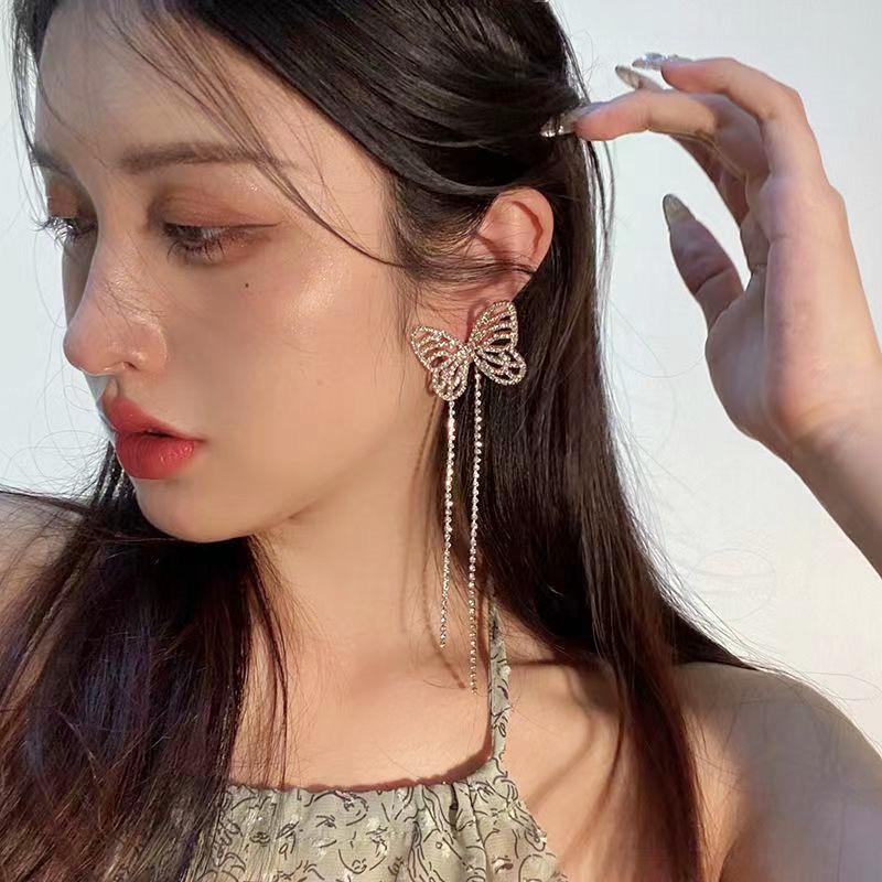 European and American butterfly fringed earrings women's long full diamond stud earrings exaggerated temperament versatile fashion commuter earrings