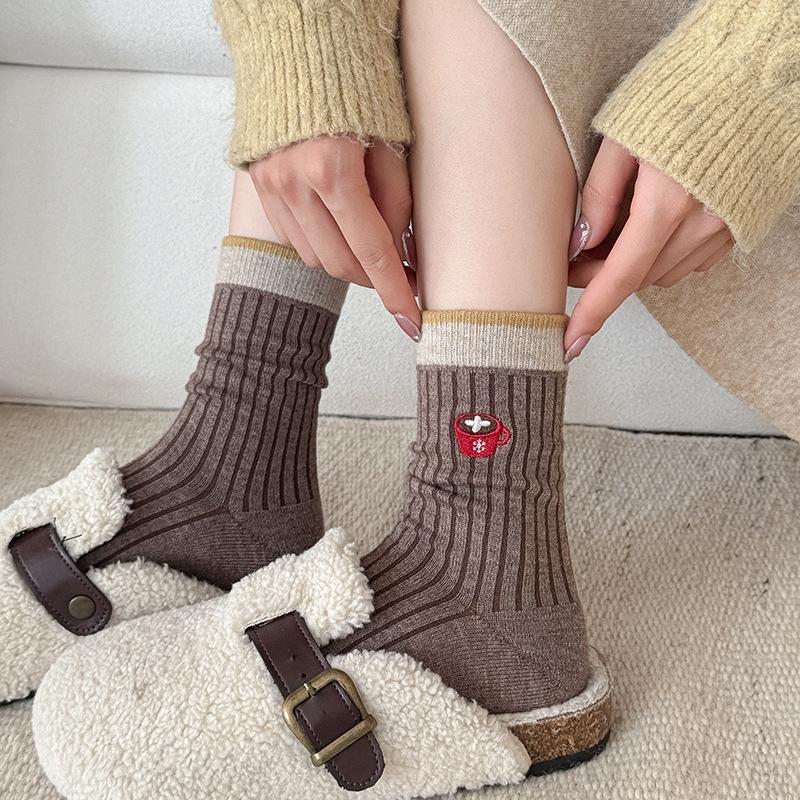 Boneless Cartoon Embroidery Cute Warm Socks Medium Tube Socks College Style Versatile Stockings Cotton