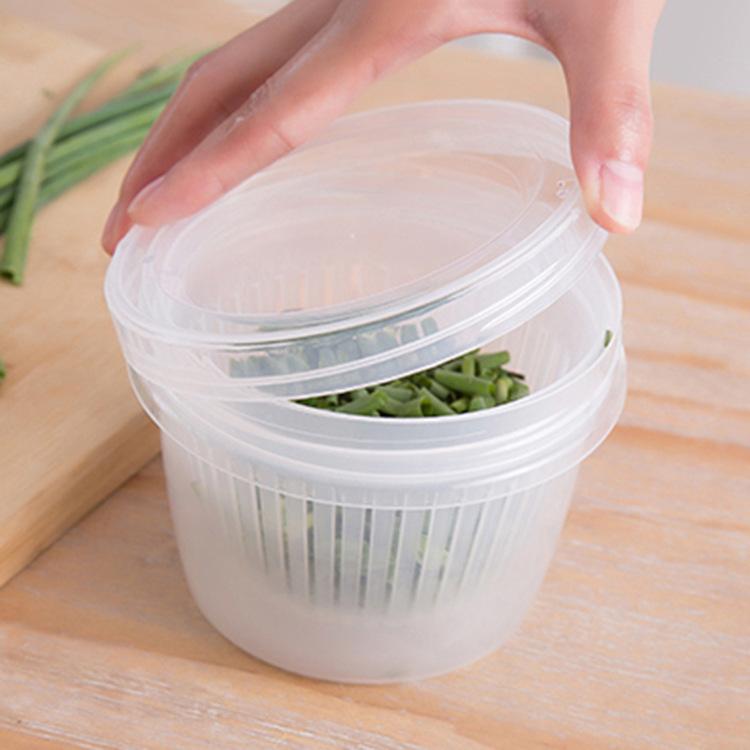 Refrigerator Fresh-keeping Box Ginger Garlic Onion Storage Box Household Portable Round Transparent Drain Double Layer Fresh-keeping Bowl Sealed Box