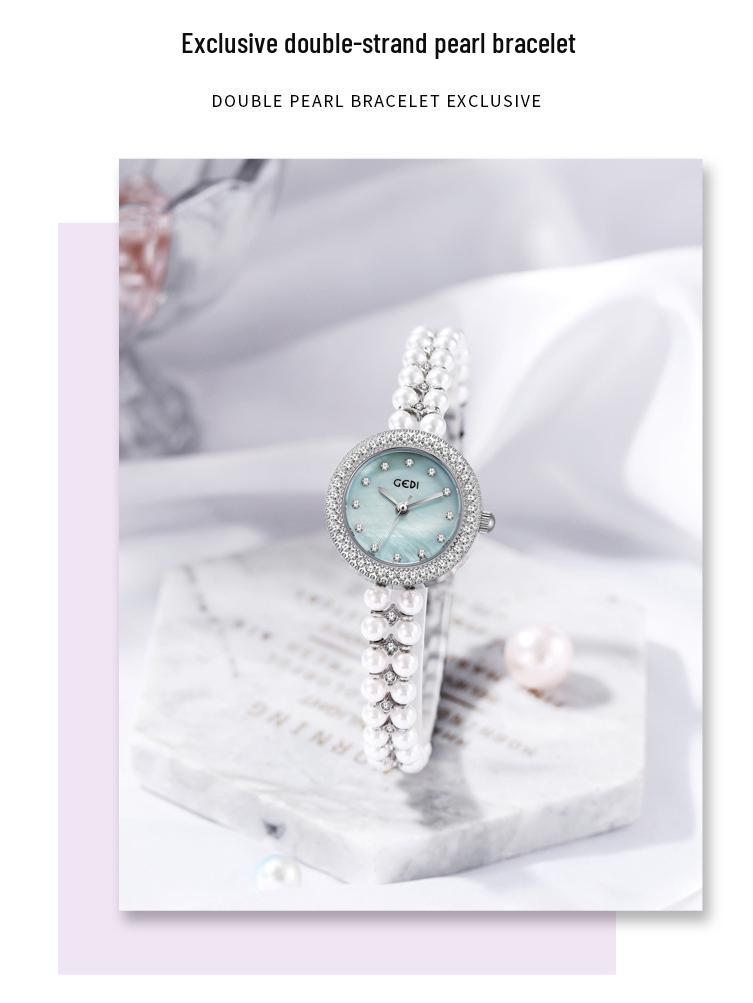 Gedi Women's Diamond-Set Mother-of-Pearl Luxury Watch with Pearl Band and Quartz Movement