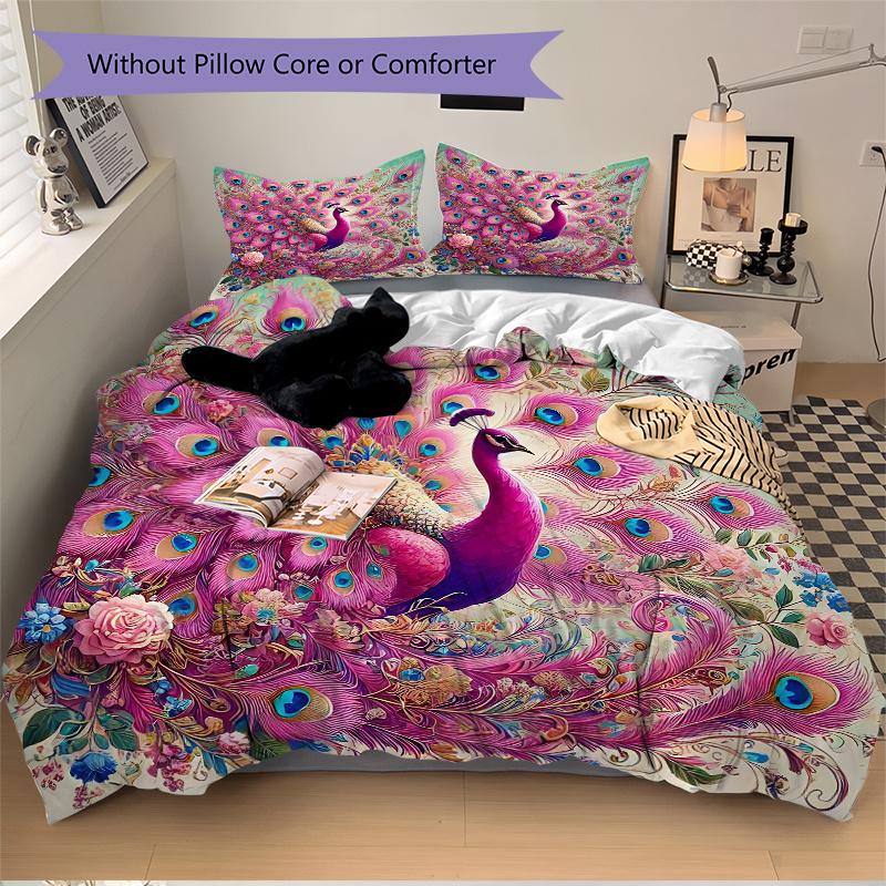 3pcs Pink Peacock with Open Tail Printed Quilt Set - Soft and Comfortable Quilt Cover for Bedroom, Guest Room and Dormitory Decorative Bedding Se