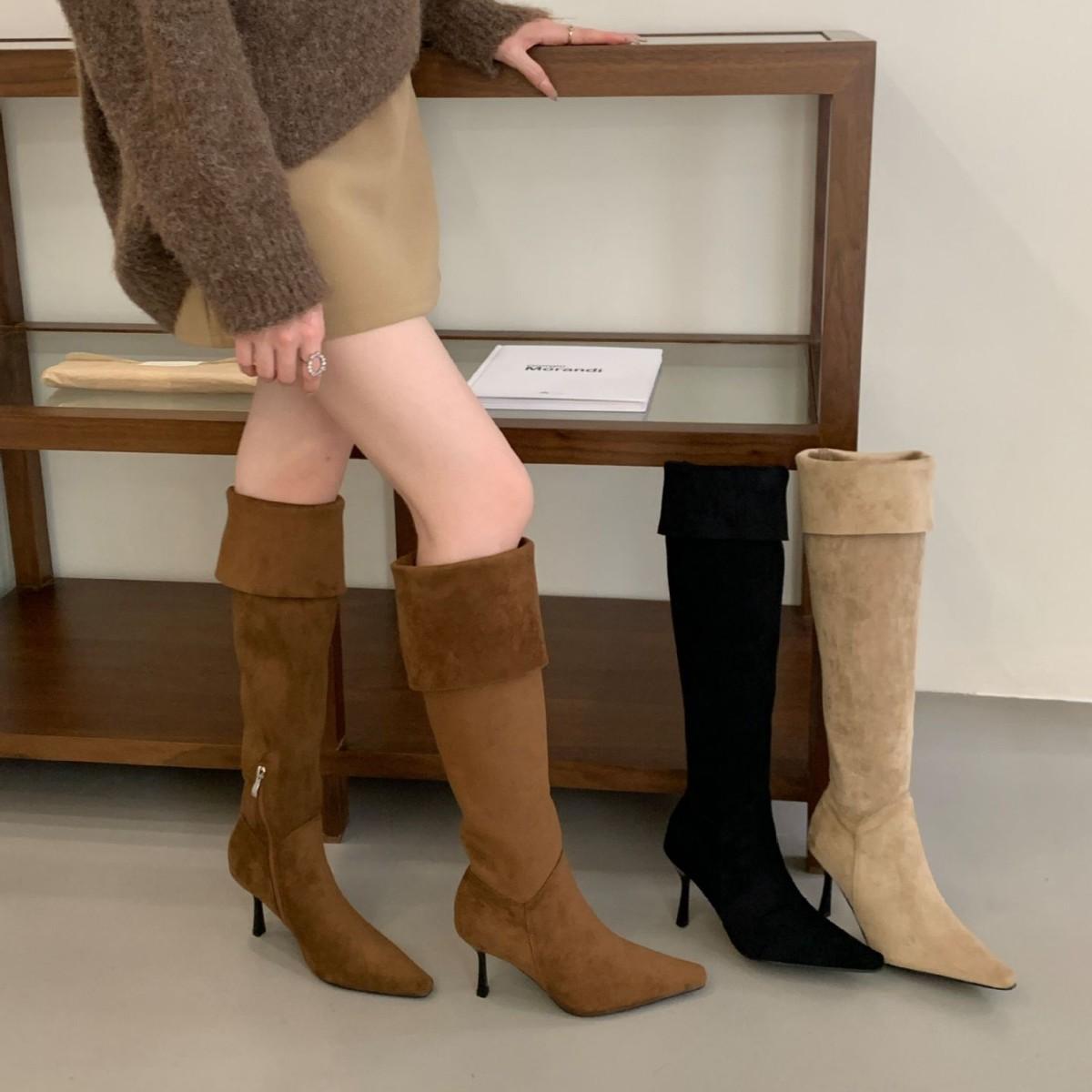 

Женские ботфорты 2025 осень и зима новая замшевая высокая эластичная обувь с острым носком на тонком каблуке два варианта носки ботфорты-чулки 39 хаки