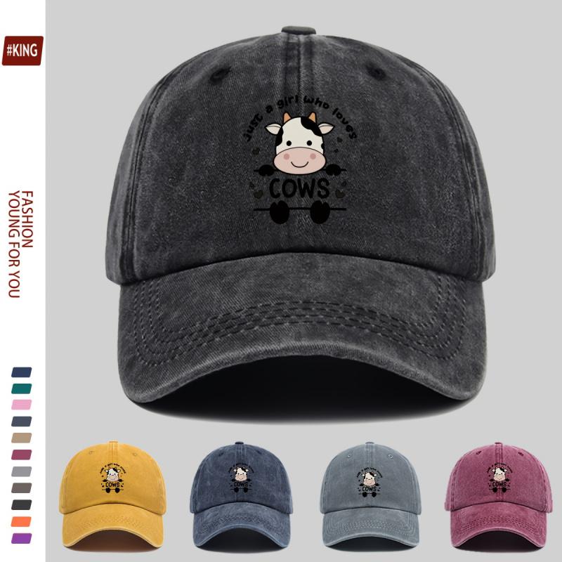 Cute Cartoon Cow Print Washed Vintage Soft Top Sunshade Baseball Cap Unisex Versatile Baseball Cap