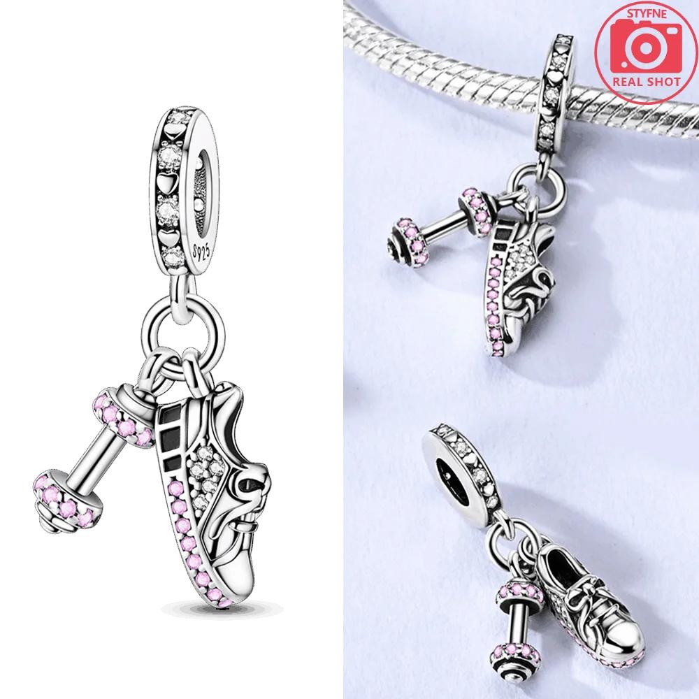 Charms Platapink Zircon Dumbbell Sports Shoe Pendants Fit Originalbracelets Charms For Women Jewelry Diy Making Gifts