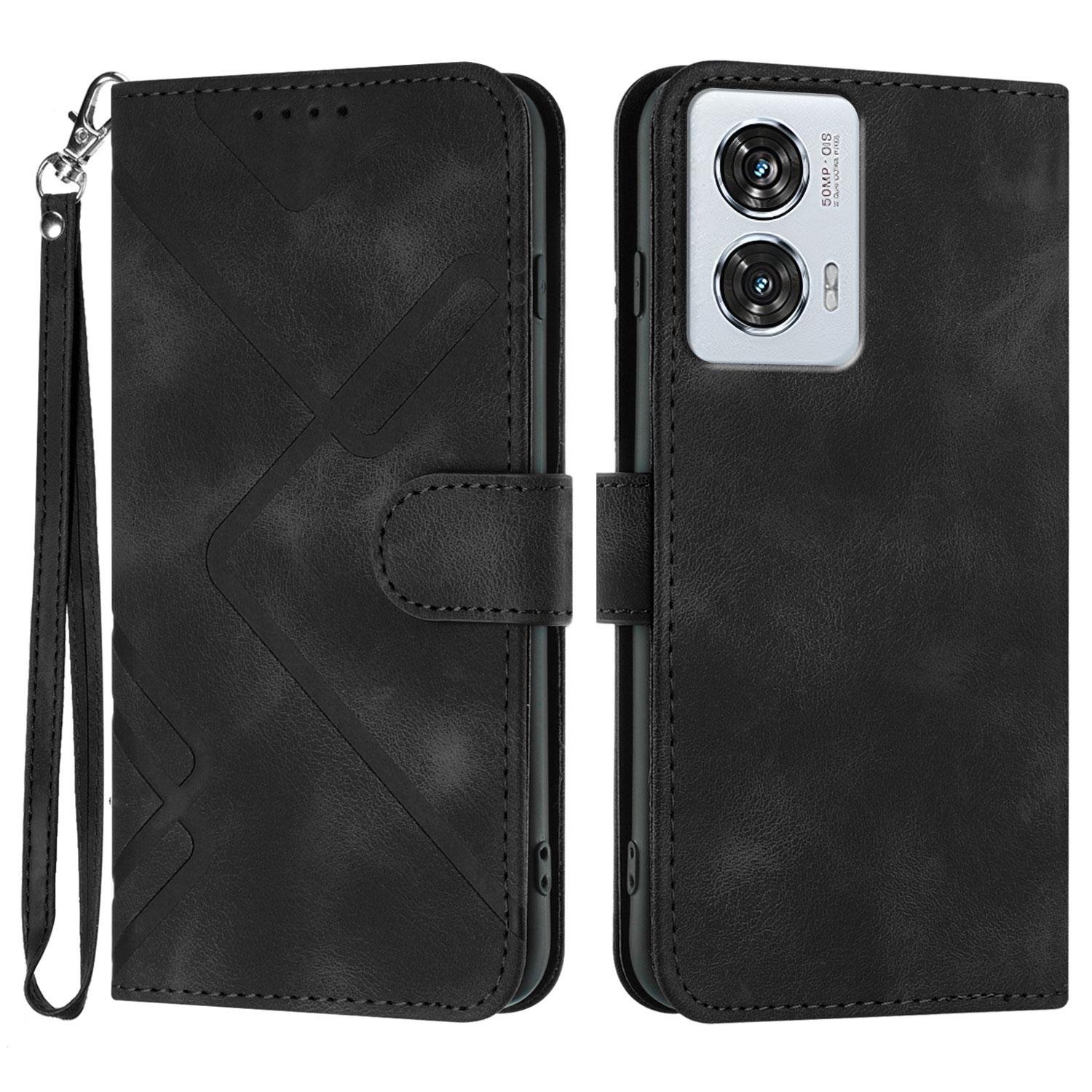 

For Motorola Moto G84 5G Wallet Case Line Imprinted PU Leather Phone Cover with Strap Black