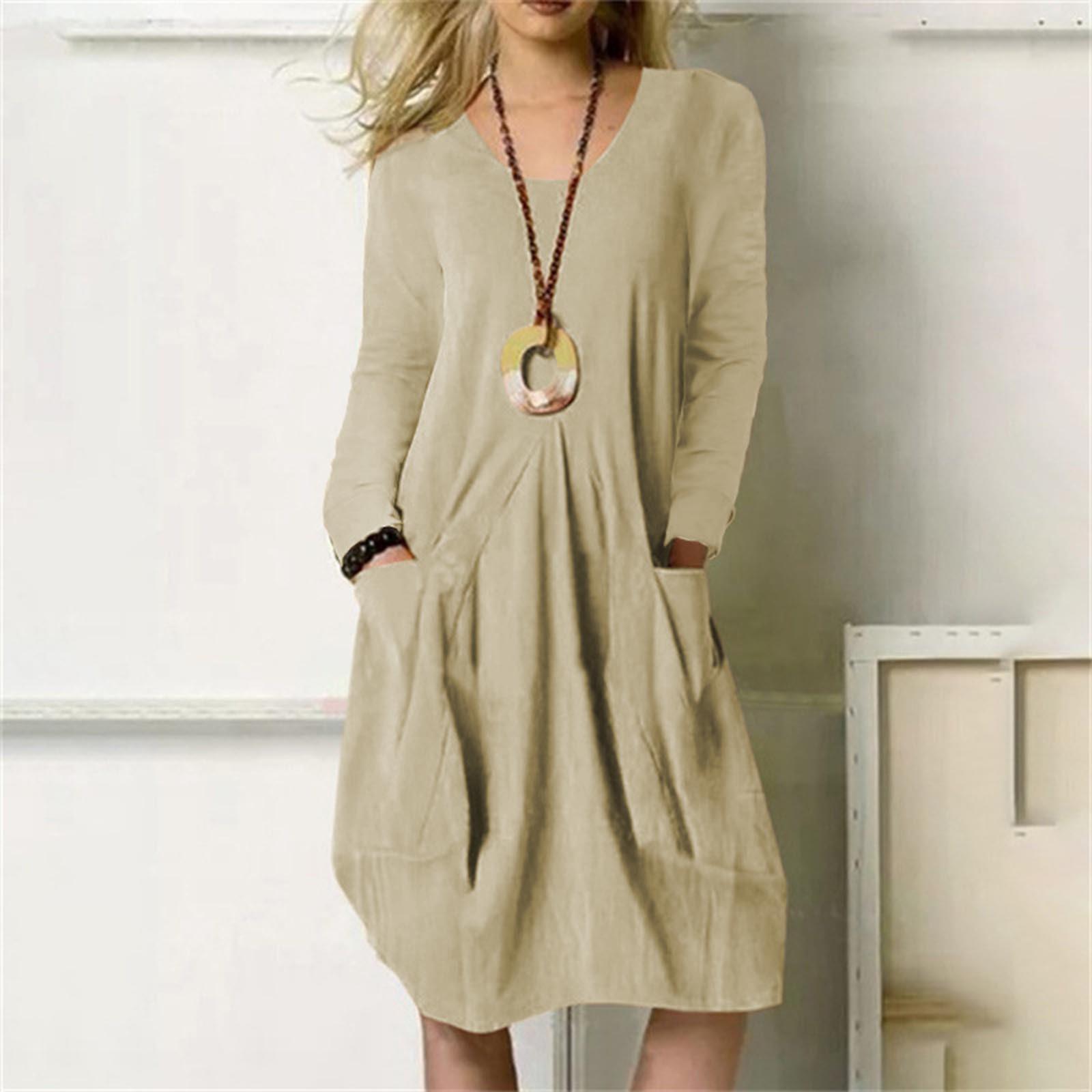 

Women s Cotton Linen Loose Casual Long Dress Color Pocket Dress XL хаки