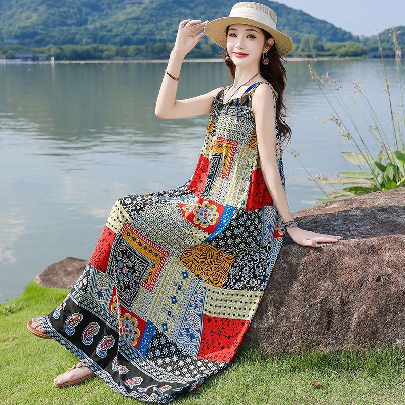 Fashion Floral Sleeveless Cotton Maxi Dress Summer Boho Style Casual Wear for Women
