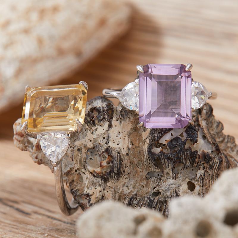 Natural Color Treasure Citrine Amethyst Ring Women'S S925 Sterling Silver Index Finger Ring Xiaohongshu Earrings