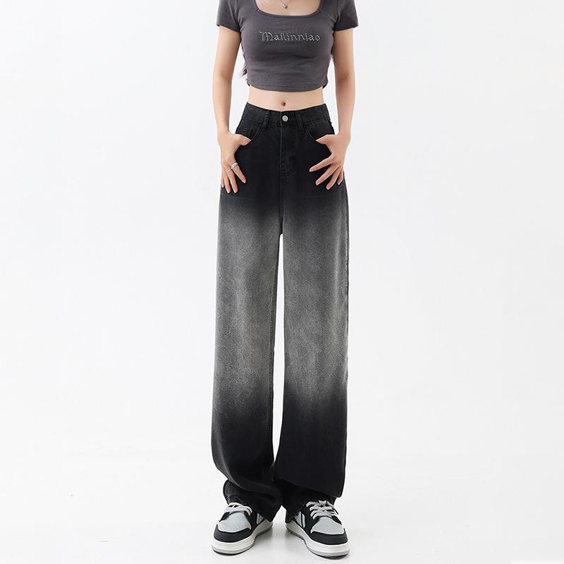 

858 Весна и Осень Новые Универсальные Тренд Градиент Широкие Джинсы Женские Универсальные Облегающие и Высокие Скрывающие Мясо Брюки в Пол 2XL