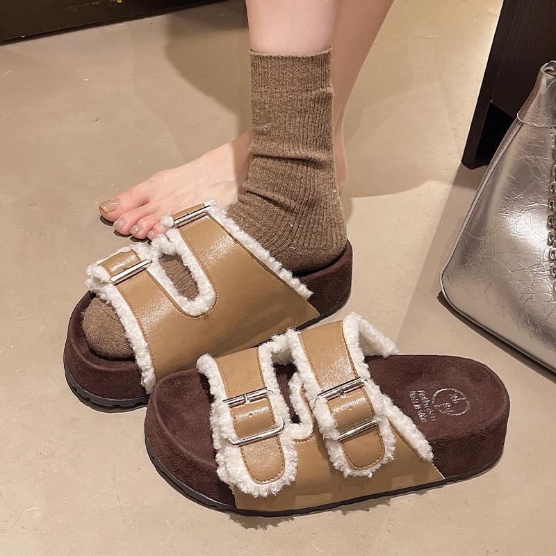 Mode Flats Plateau Damen Hausschuhe Fell Mode Schuhe Herbst Casual Kleid Frau Sandalen 2025 Neu Designer Walking Zapatos De Mujer
