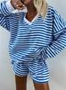  New Summer Women's Casual Striped Lounge Set Long Sleeve V-Neck Loose Top with Sports Shorts 2-Piece