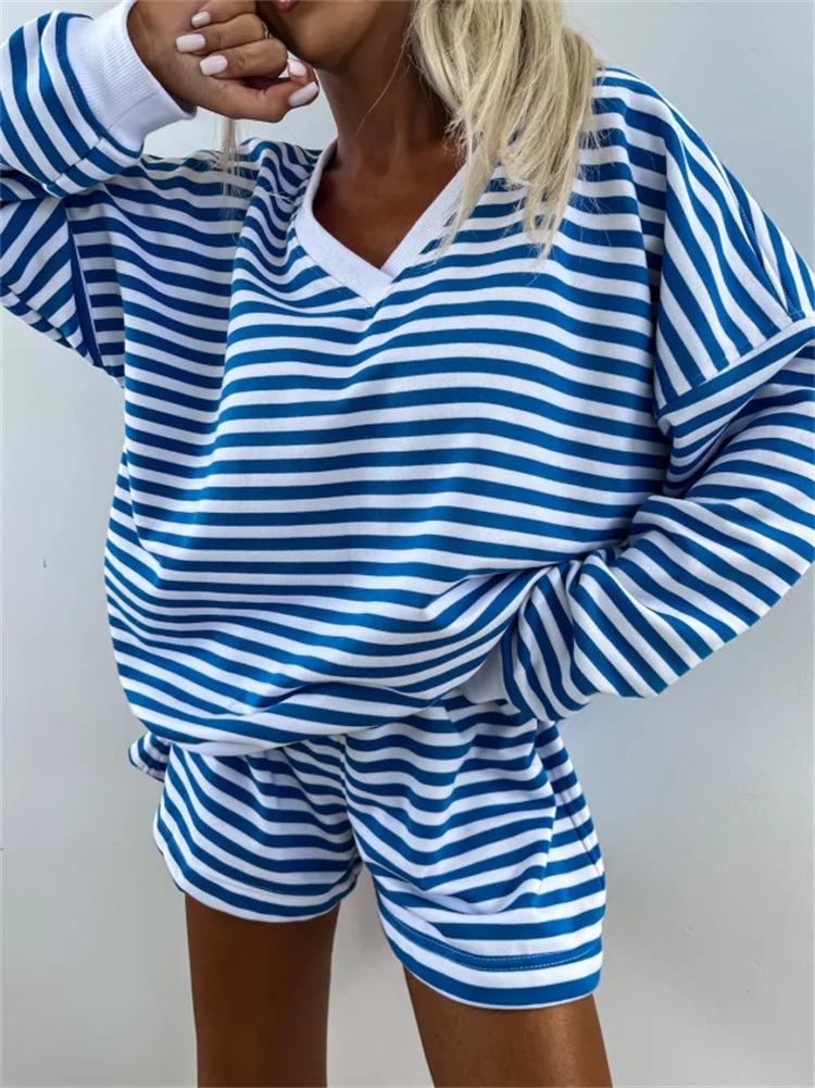 New Summer Women's Casual Striped Lounge Set Long Sleeve V-Neck Loose Top with Sports Shorts 2-Piece