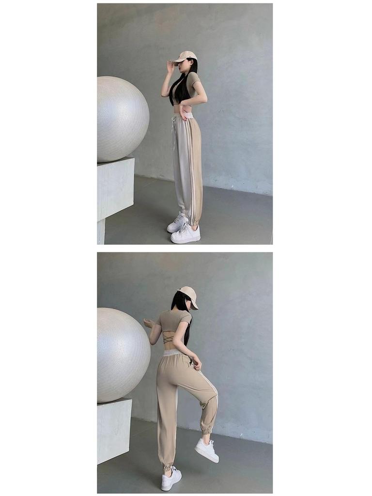 Women's Colorblock Drawstring Yoga Pants - Casual, Breathable, Quick-Drying, Loose Fit with Ankle Cuffs for Spring/Autumn Sports & Fitness.