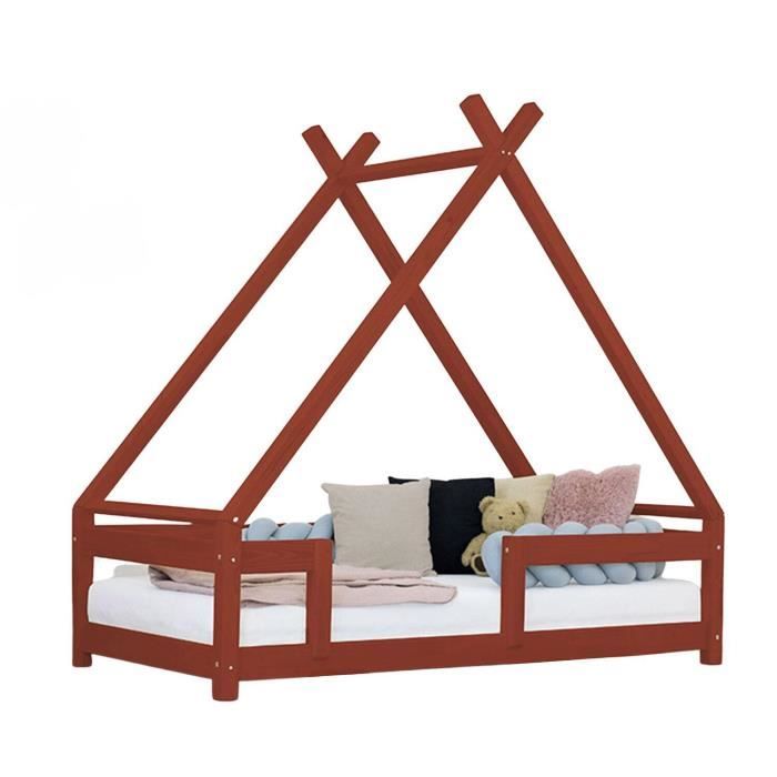 Lit cabane enfant TAHUKA - GENERIQUE - 80 x 160 - Rouge - Bois massif - A lattes