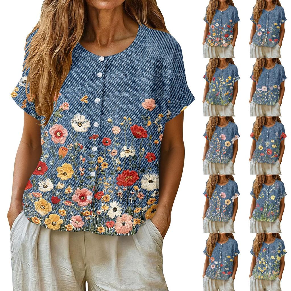 Womens Casual Henley Neck Button Down Floral Print Top Short Sleeve Lightweight Blouse for Summer Spring