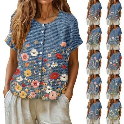Womens Casual Henley Neck Button Down Floral Print Top Short Sleeve Lightweight Blouse for Summer Spring
