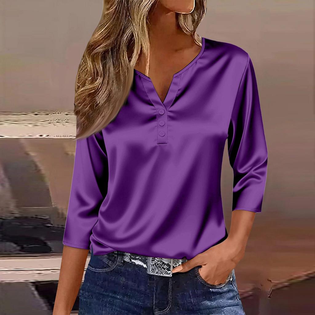 Women's Collar Three-Quarter Sleeve Satin Shirt Top, Lightweight Spring/Summer Top