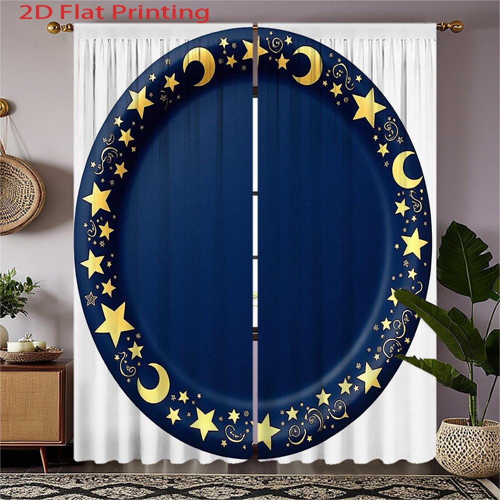 

2D Flat 2pcs 2D Flat Printing Curtains Blue Round Plate with Golden Stars and Moons Decor Rod Pocket Velvet Fabric Window Tre 100*130 Grommet Top 1pcs