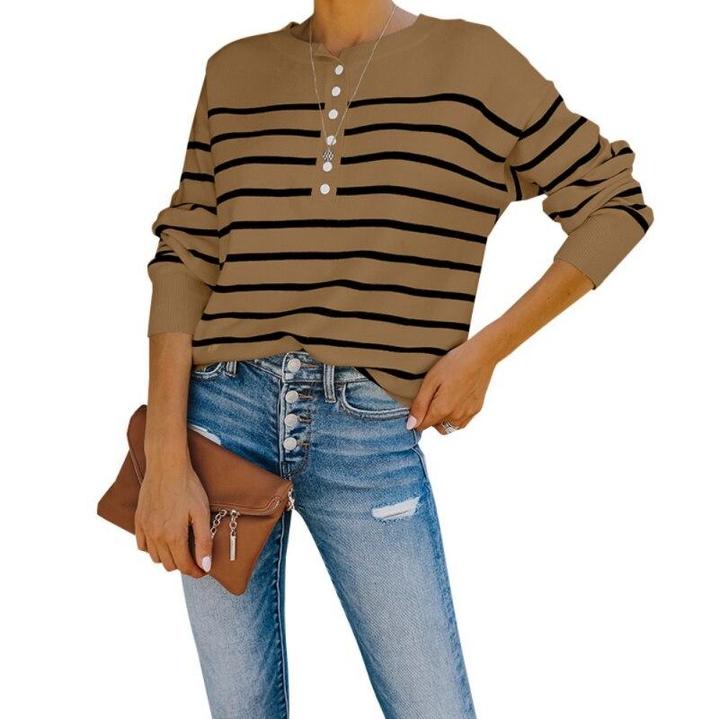 Solid Color Contrast Stripe Pullover Round Neck Loose Sweater