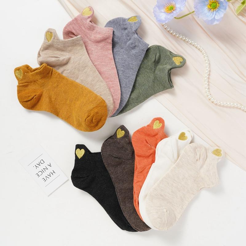 5 Par Skarpetek za Kostkę Gładkich Złoty Jedwab Haft Serce Damskie Skarpetki Bawełniane Nadruk Korony Bawełniane Skarpetki