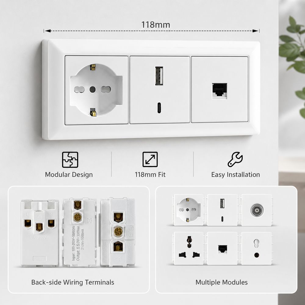 USB Modular Sockets And Switches EU French Socket Module  for EU Standard Wall Mount DIY