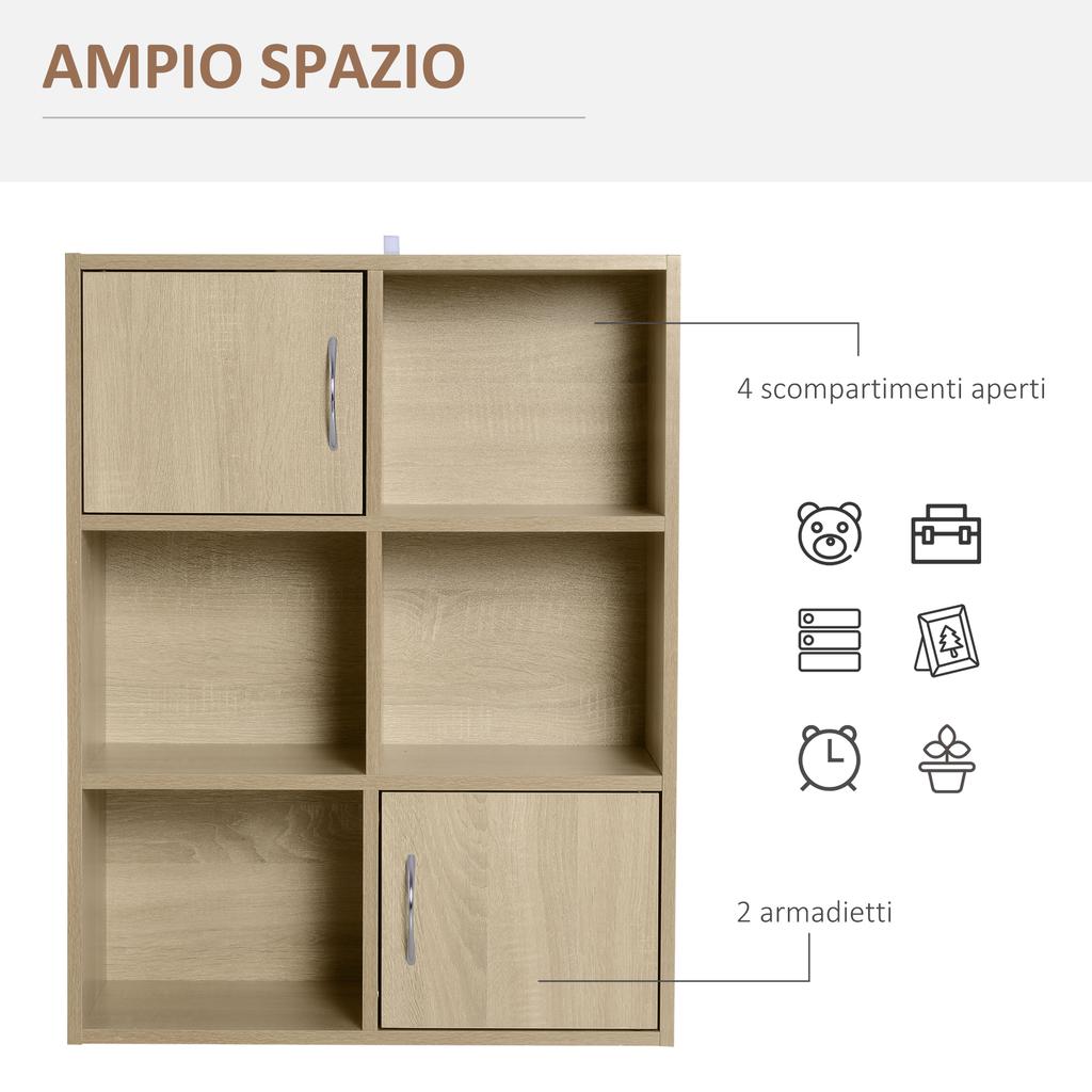Wooden Bookcase Shelf, Multipurpose Cabinet with 3 Shelves 4 Compartments and 2 Doors, 61.5x29.5x80cm