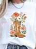 Women Western Cowboy Boot Flower Graphic T-Shirt, Boho Wildflowers In Cowgirl Boot Floral Print Crew Neck Short Sleeve Loose Cas