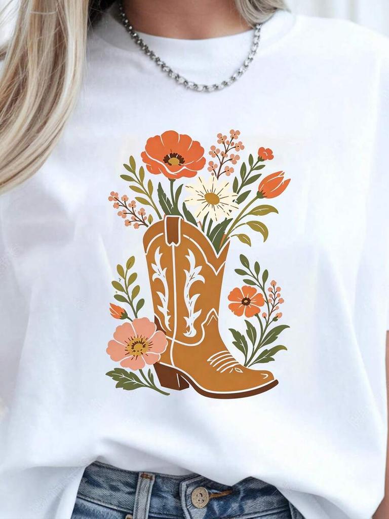 Women Western Cowboy Boot Flower Graphic T-Shirt, Boho Wildflowers In Cowgirl Boot Floral Print Crew Neck Short Sleeve Loose Cas