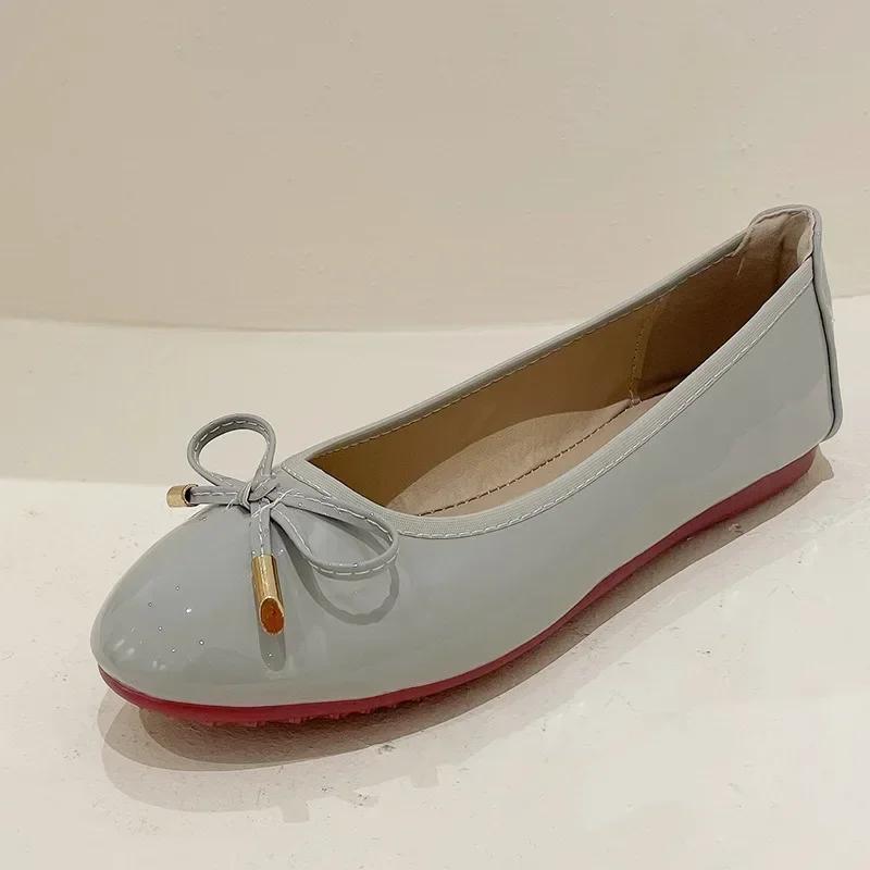 Ladies Single Shoes Bowtie Flats Patent Leather Loafers Women Round Toe Roll-Up Shoes Woman Bridesmaid Flats Zapatillas Mujer