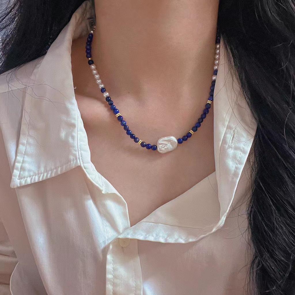 Vintage High Quality Natural Lapis Lazuli Baroque Freshwater Pearl Artificial Imitation Australian White Round Bead Necklace