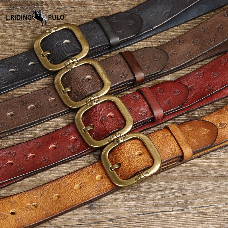 Korean Style Personalized Machine Embossed Vegetable Tanned Belt Men's Genuine Leather Pure Cowhide Pin Buckle Belt