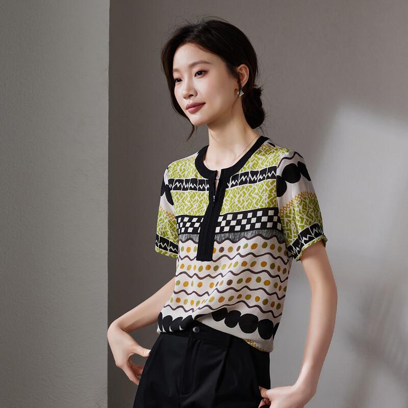 SOFSIL Women s Color Block Silk Short Sleeve Blouse L