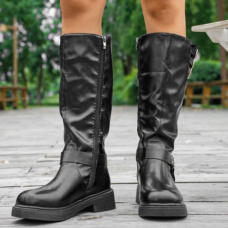 Fashion Retro Brown Western Cowboy Boots for Women 2025 Autumn Winter PU Leather Knee High Botas Mujer Zip Buckle Platform Knight Boots