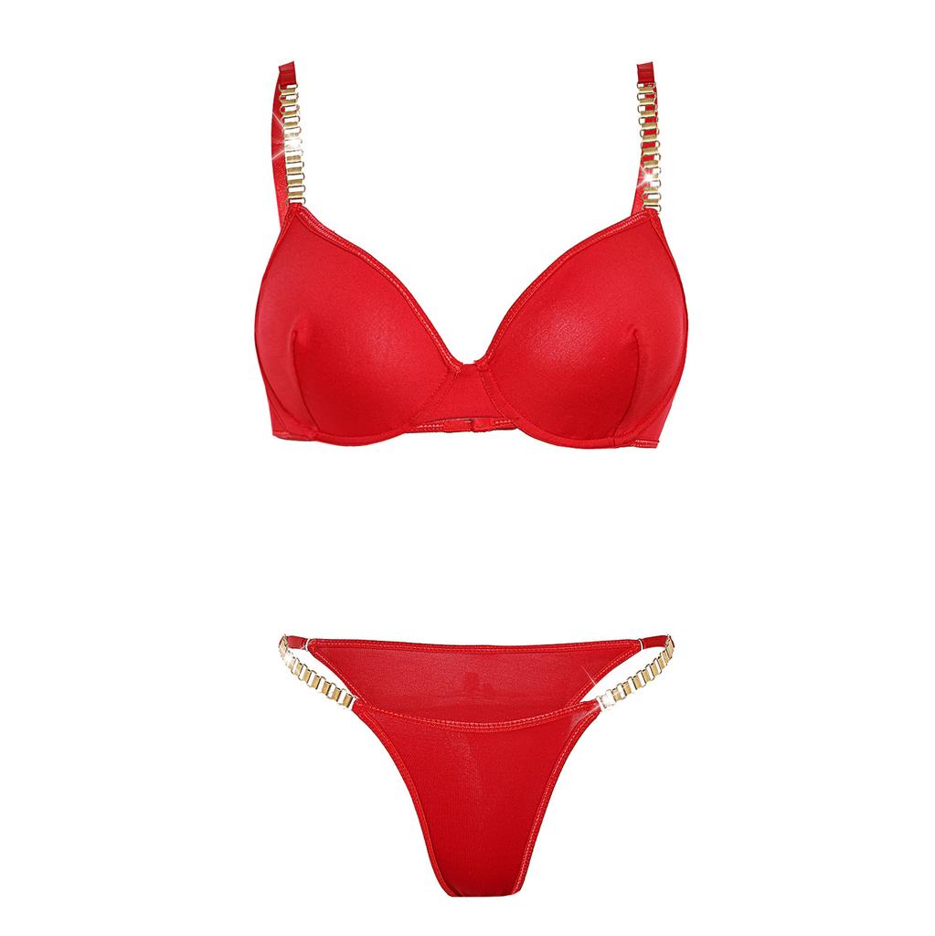 European and American ultra-thin mesh sexy gathering bra set metal chain fashion temptation underwear thong set
