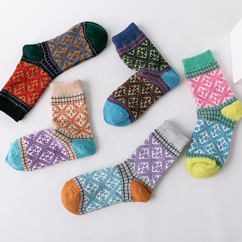 5 Pairs of New Winter Women's Rabbit Ethnic Style Wool Mid Calf Socks