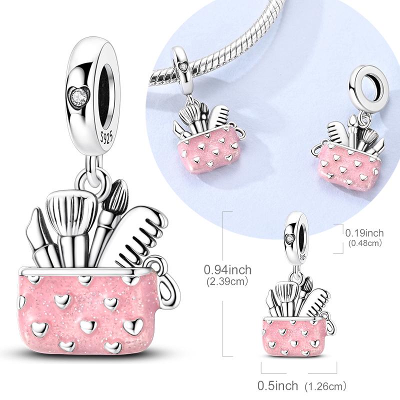 Original 925 Sterling Silver Bead Charms Heart Pink Makeup Tools Bag Pendant Fit Original Bracelet For Women DIY Jewelry Gift
