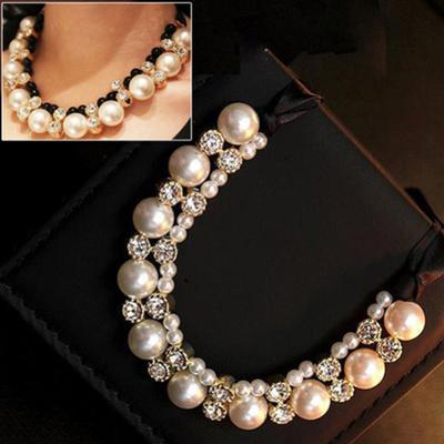 Women Fashion Double Row Faux Pearl Adjustable Ribbon Chain Choker Necklace