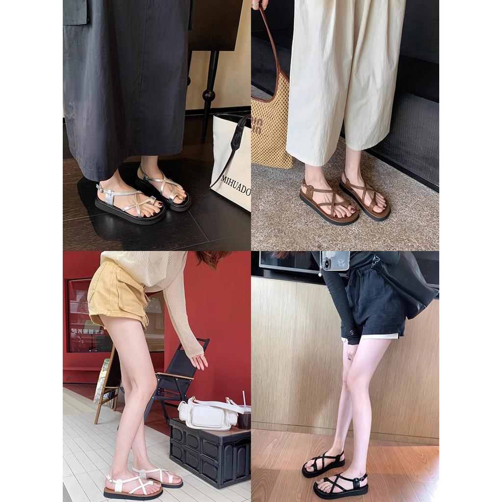 Sheepskin Version~ Grape Mother Same Leather Sandals Women's Summer Flat-bottomed Versatile Set Toe Crossed with Beach Roman Shoes