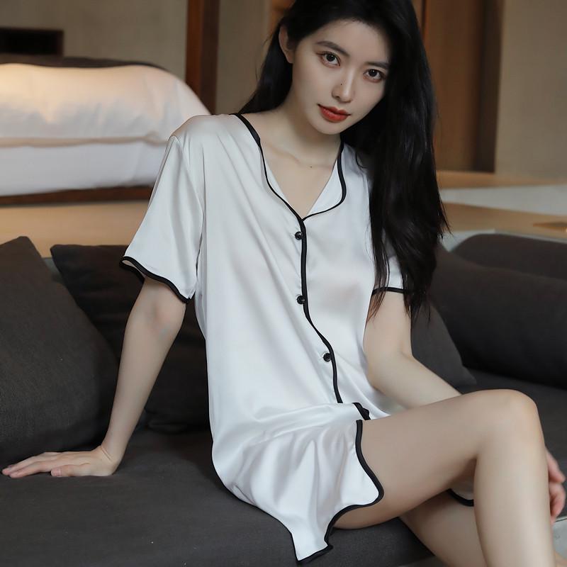 Silk Summer Short Sleeve Cardigan Nightgown Pajamas - Women's Casual Loungewear In Pure Desire Style