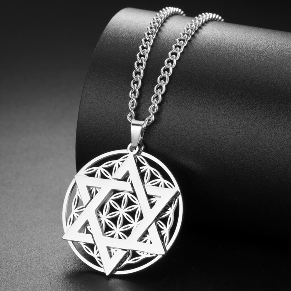 My Shape Flower of Life Star of David Pendant Necklace for Women Men Je Six-pointed Star Charm Chain Stainless Steel Jewelry