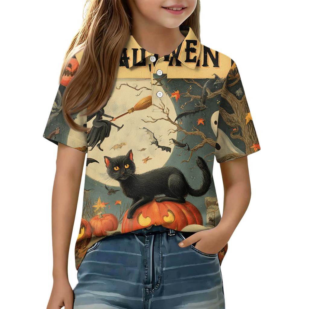 Kids Halloween Graphic Polo Shirt Casual Short Sleeve Tee with Button Collar Comfortable Fit for Boys and Girls