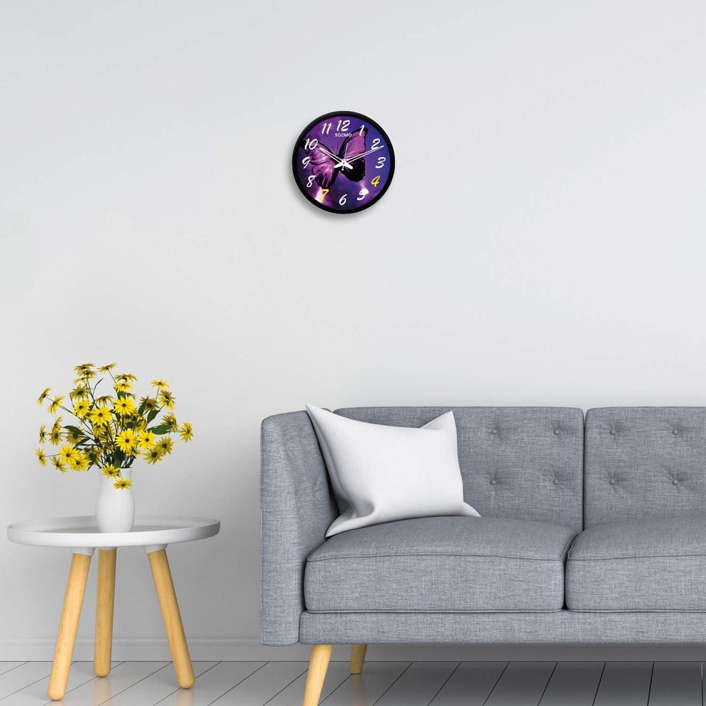 12-inch Plastic & Glass Wall Clock -Colourful Butterfly (Silent Movement, Black Frame)