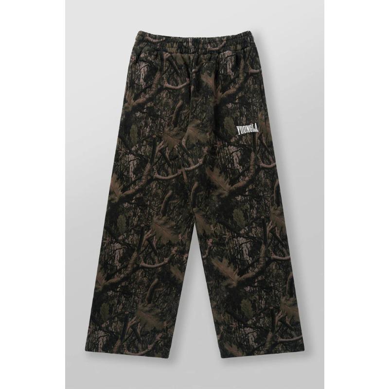 Men Camouflage Leaf Print Drawstring Casual Pants Loose Wide Leg Streetwear Outdoor Long Trousers S
