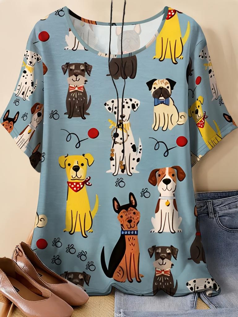 Vintage Summer Women's T-Shirt Dog Graphic Tee O Neck Short Sleeve Tees Female Streetwear Y2k Oversized T-Shirts Women's Tops