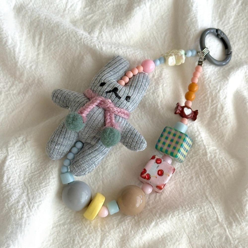 

Short Bracelet Rabbit Phone Strap Bag Charm Beaded Phone Chain Hanging Ornaments grey rabbit