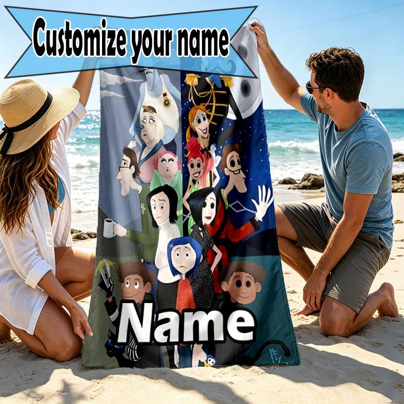 Custom Name Personalized Coraline Print Beach Towel, for Trip Camping Beach Party Home Decor, Birthday Gift for Family & Friends